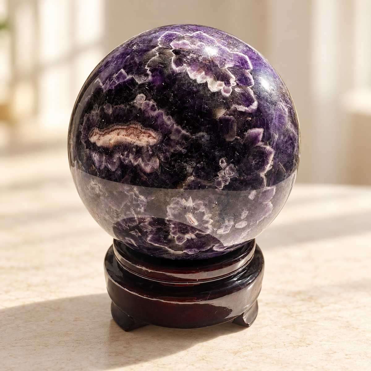 Madagascar large Dream / Chevron Amethyst sphere #3, 1.04kg, 9.4cm / 3.70in, wooden stand included, flower
