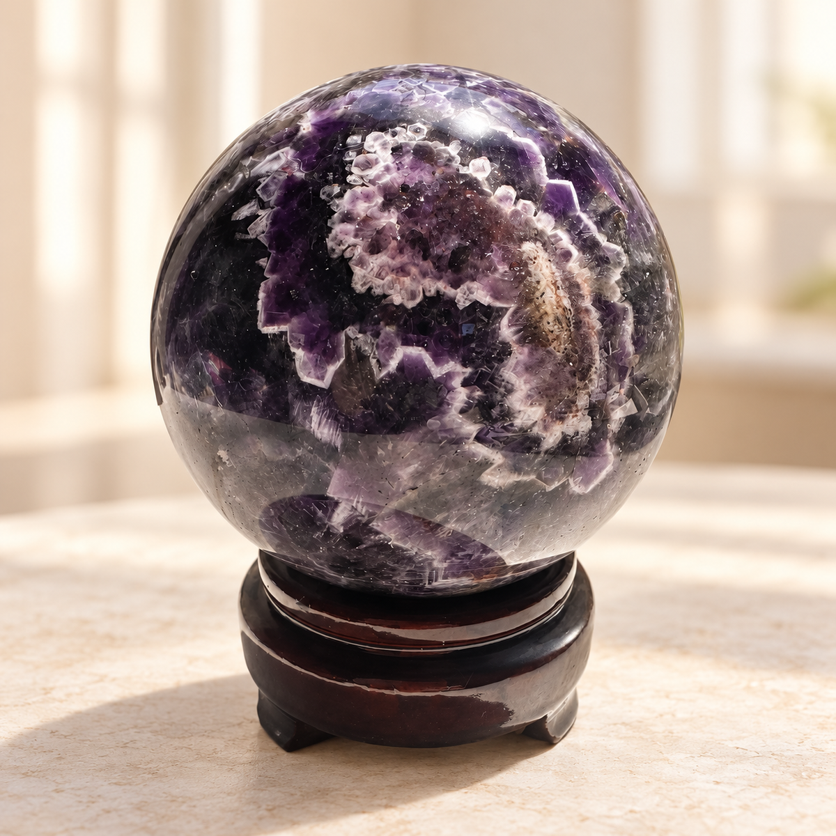 Madagascar large Dream / Chevron Amethyst sphere #3, 1.04kg, 9.4cm / 3.70in, wooden stand included, main