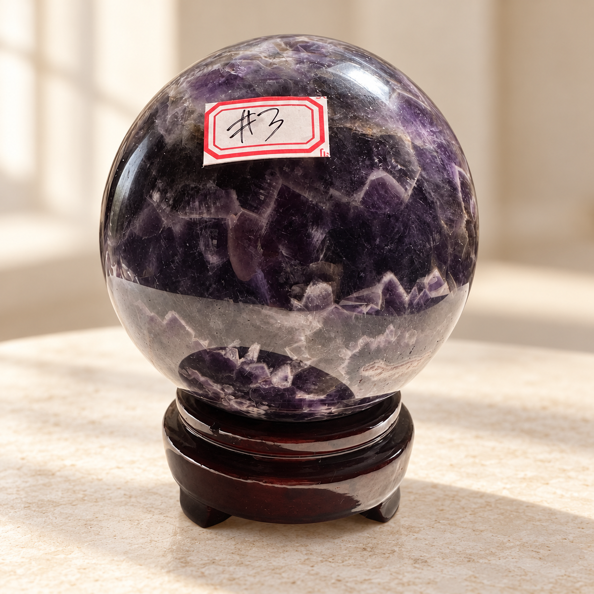 Madagascar large Dream / Chevron Amethyst sphere #3, 1.04kg, 9.4cm / 3.70in, wooden stand included, number-front