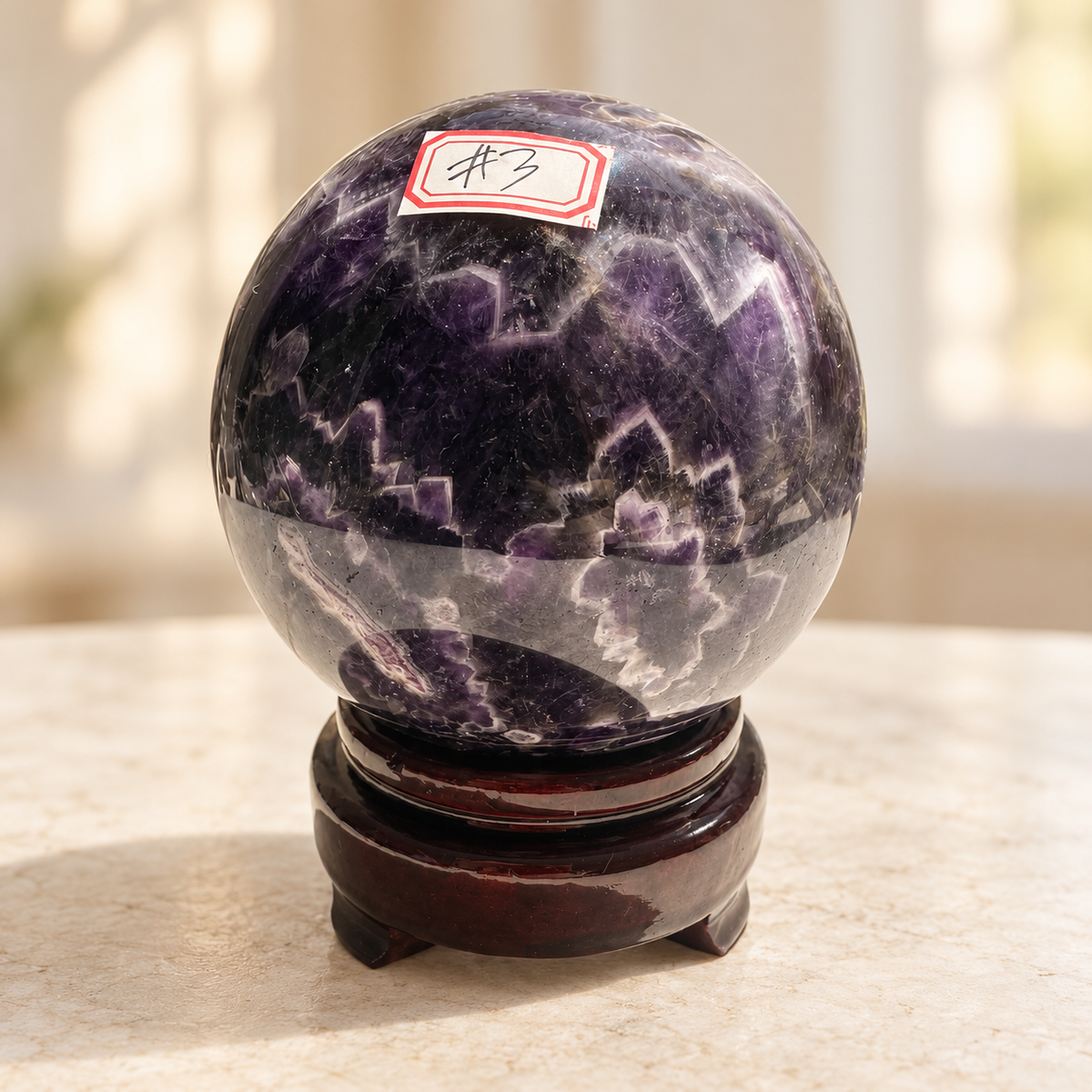 Madagascar large Dream / Chevron Amethyst sphere #3, 1.04kg, 9.4cm / 3.70in, wooden stand included, number