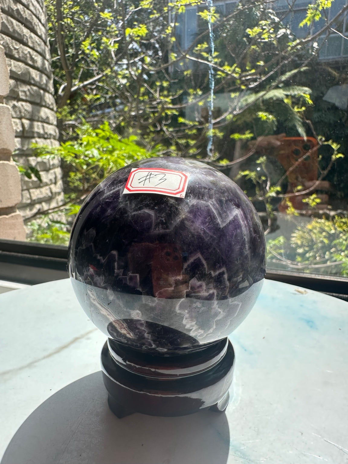 Madagascar large Dream / Chevron Amethyst sphere #3, 1.04kg, 9.4cm / 3.70in, wooden stand included, original1