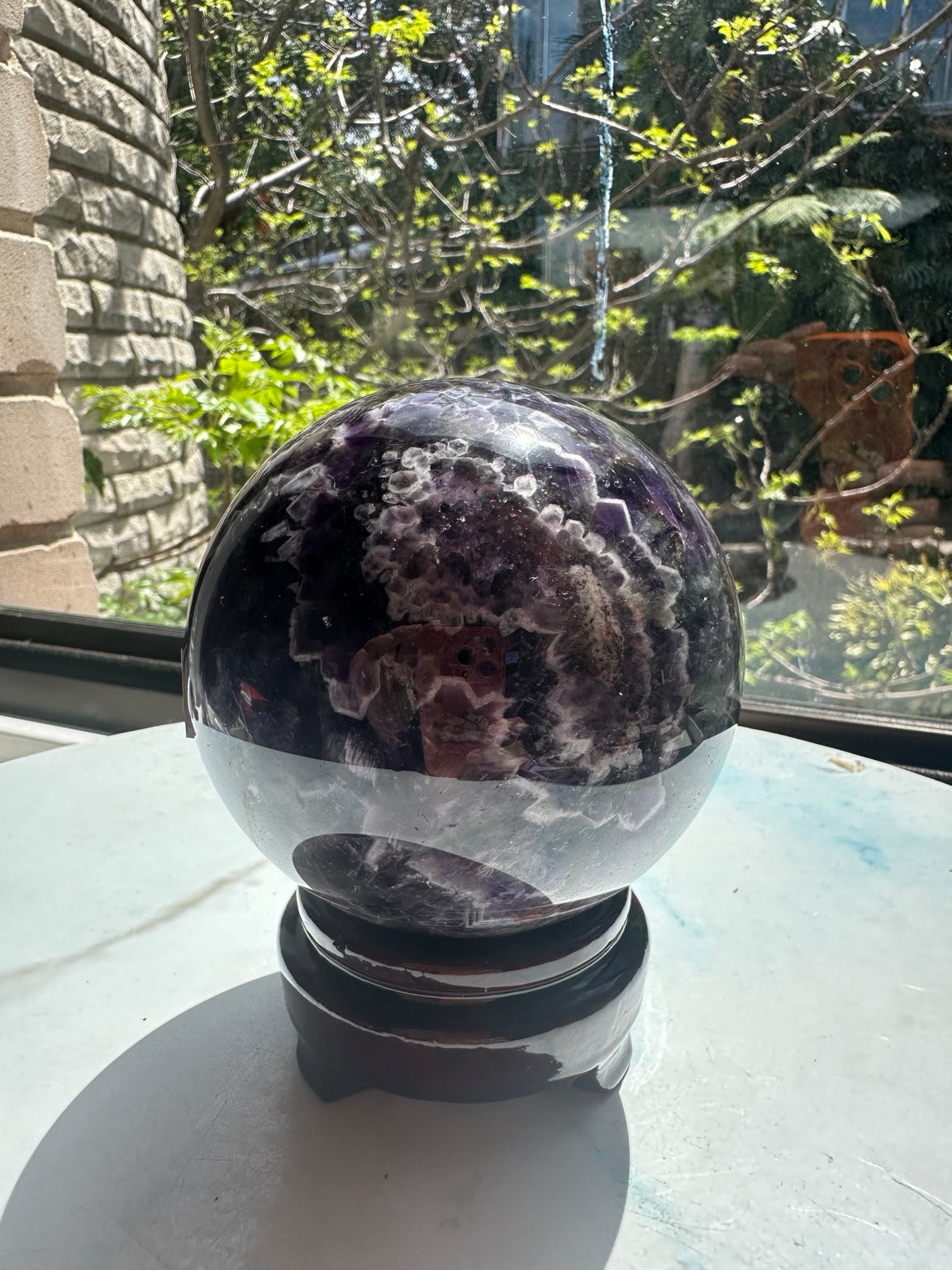 Madagascar large Dream / Chevron Amethyst sphere #3, 1.04kg, 9.4cm / 3.70in, wooden stand included, original2
