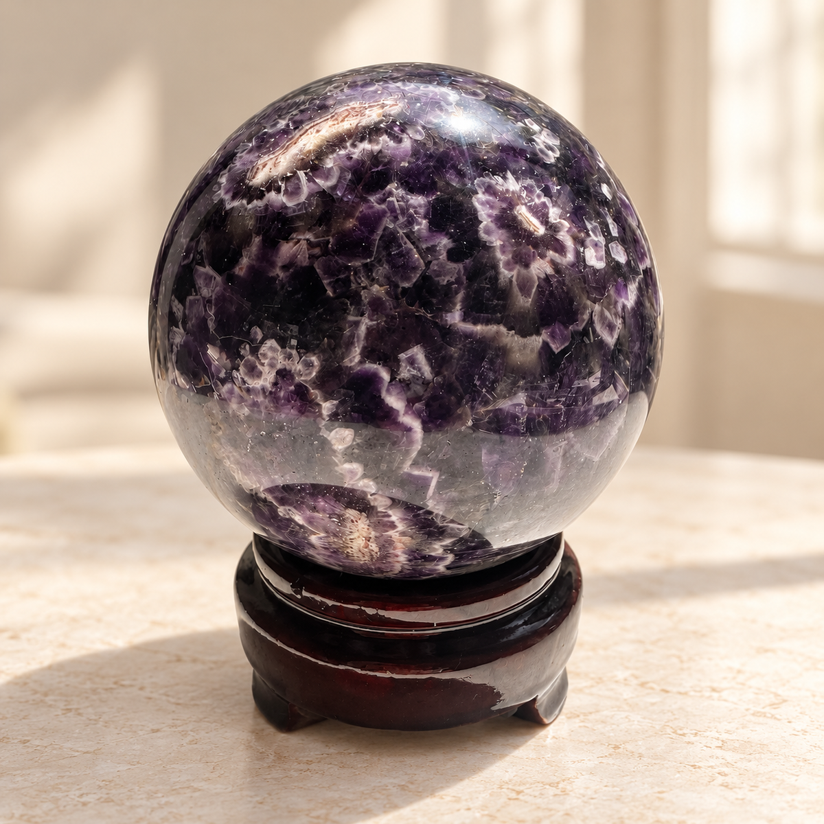 Madagascar large Dream / Chevron Amethyst sphere #3, 1.04kg, 9.4cm / 3.70in, wooden stand included, pattern