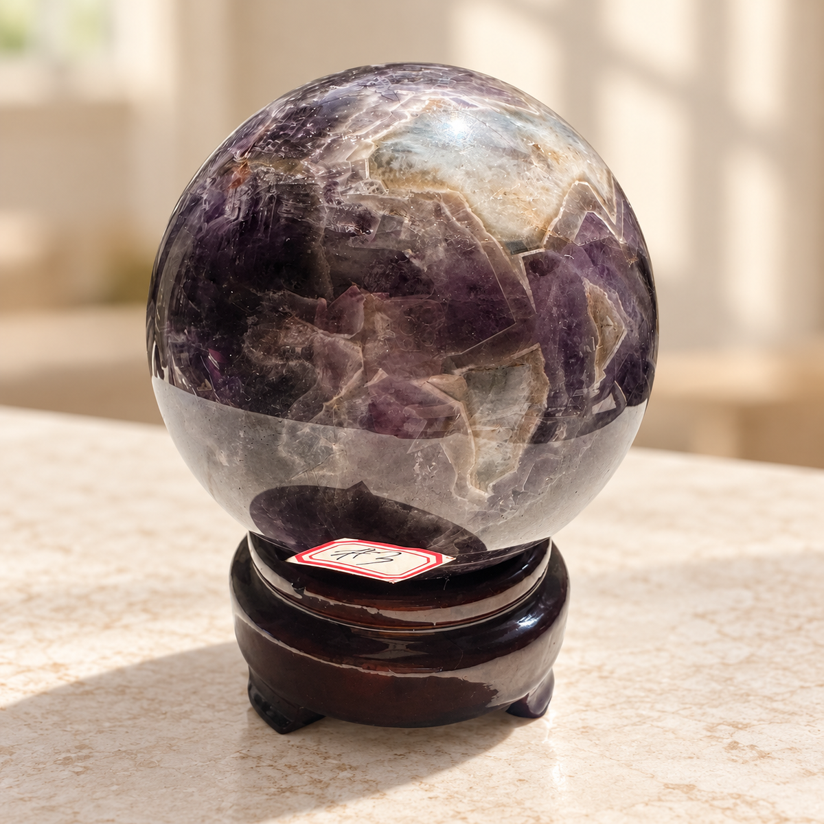 Madagascar large Dream / Chevron Amethyst sphere #3, 1.04kg, 9.4cm / 3.70in, wooden stand included, quartz