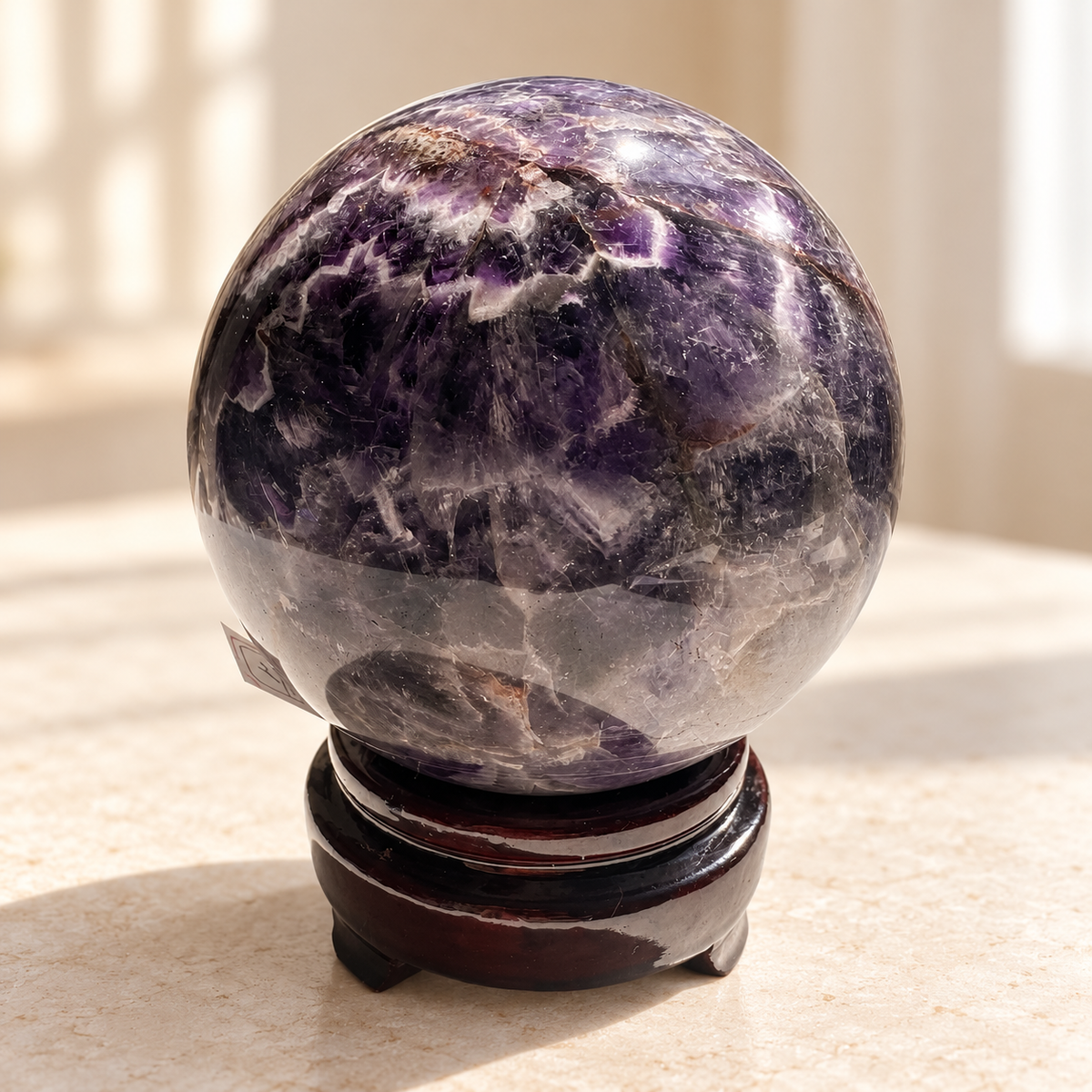 Madagascar large Dream / Chevron Amethyst sphere #3, 1.04kg, 9.4cm / 3.70in, wooden stand included, reverse