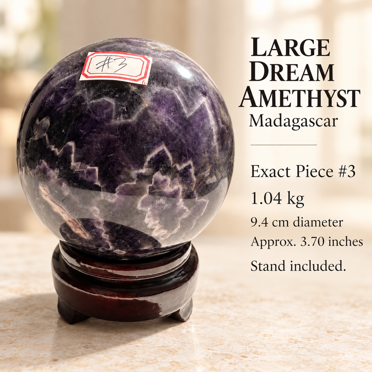 Madagascar large Dream / Chevron Amethyst sphere #3, 1.04kg, 9.4cm / 3.70in, wooden stand included, specification
