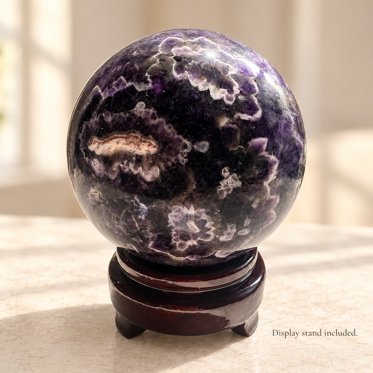 Madagascar large Dream / Chevron Amethyst sphere #3, 1.04kg, 9.4cm / 3.70in, wooden stand included, stand-included