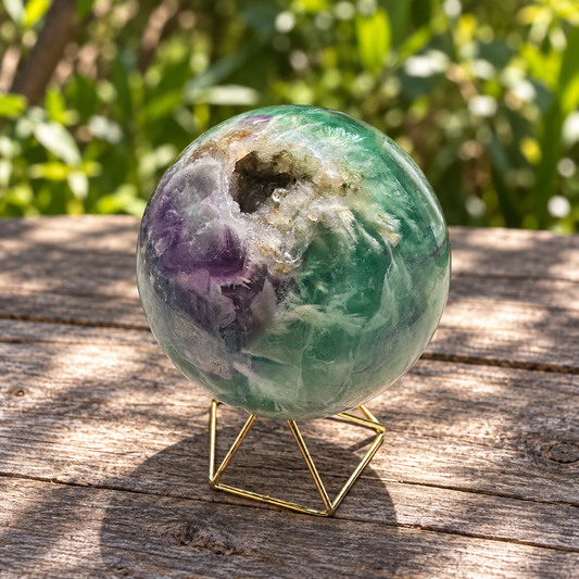 Green and purple feather fluorite sphere No.4, 583g and 71mm, showing its open crystal-lined cavity on a gold geometric stand