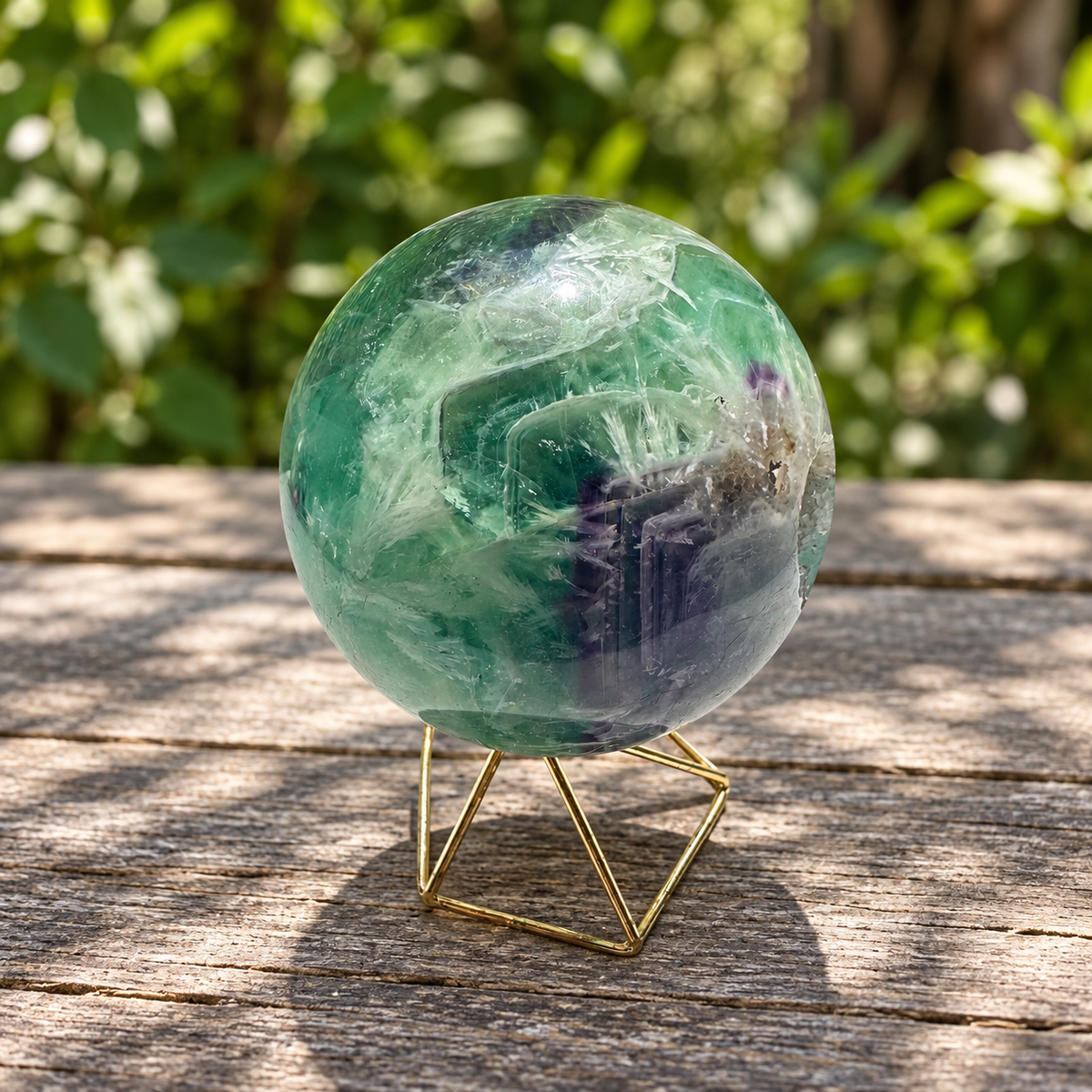 Green fluorite and purple zoning with visible internal lines and the edge of the crystal opening, sphere No.4