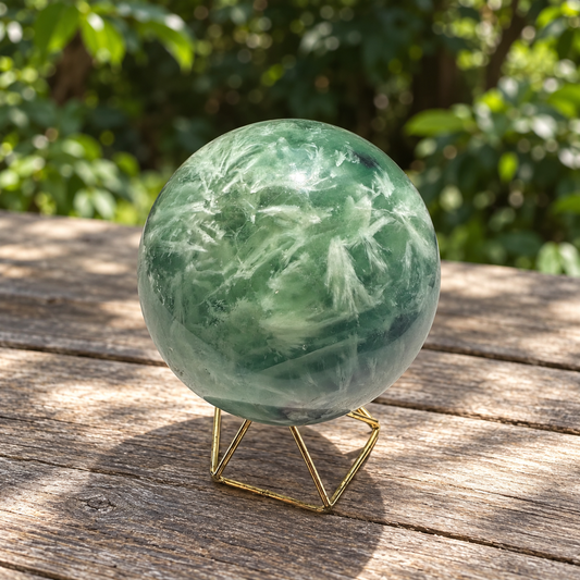 Large green feather fluorite sphere No.1, 693g and 78mm, with dense white plumes on a geometric stand