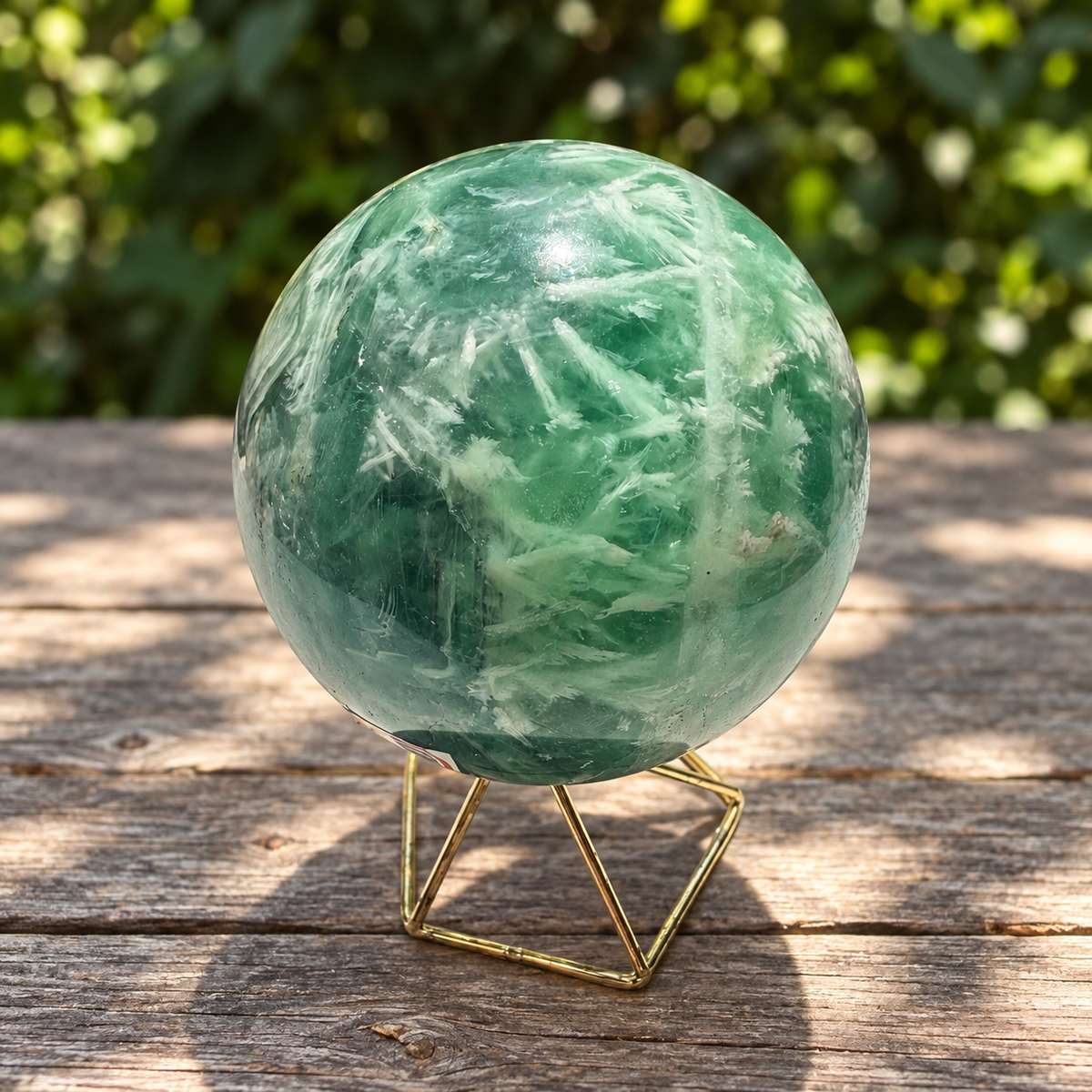 White feather formations in green fluorite, exact 693g sphere No.1
