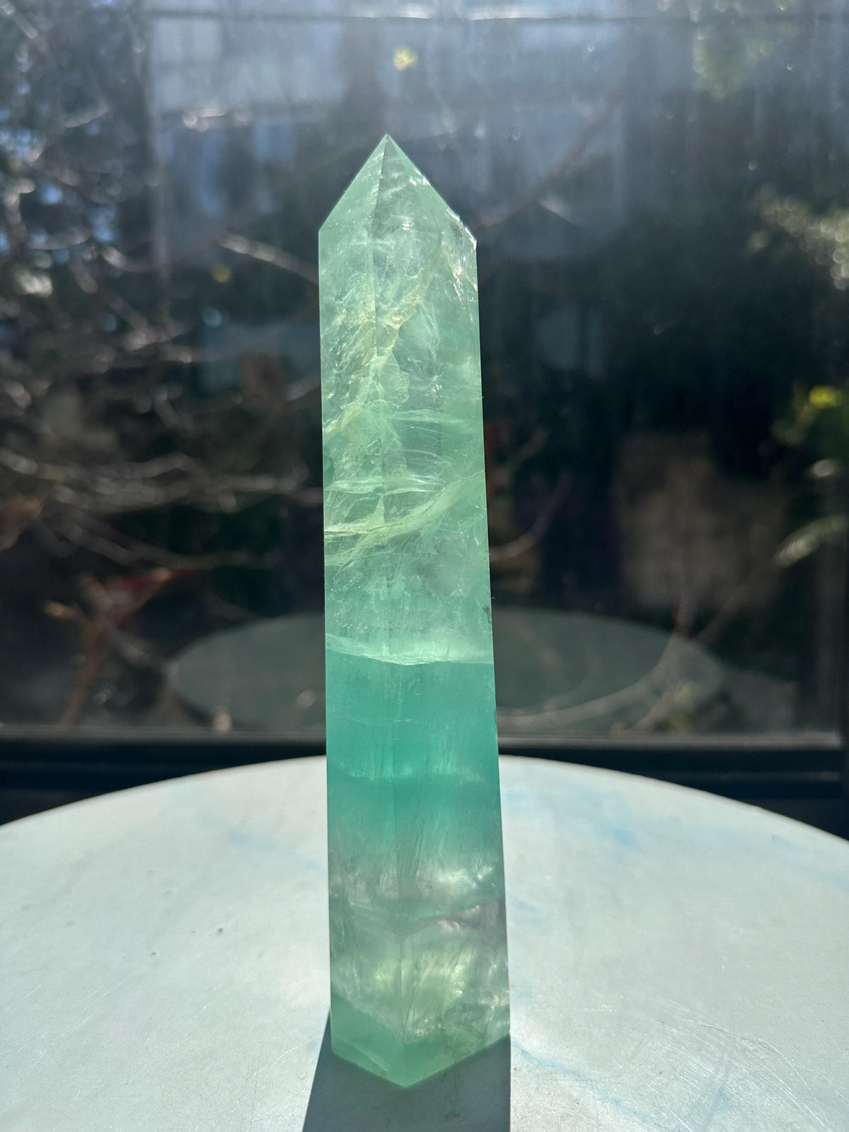 Detail view of rainbow colour zoning in exact Fluorite tower #12