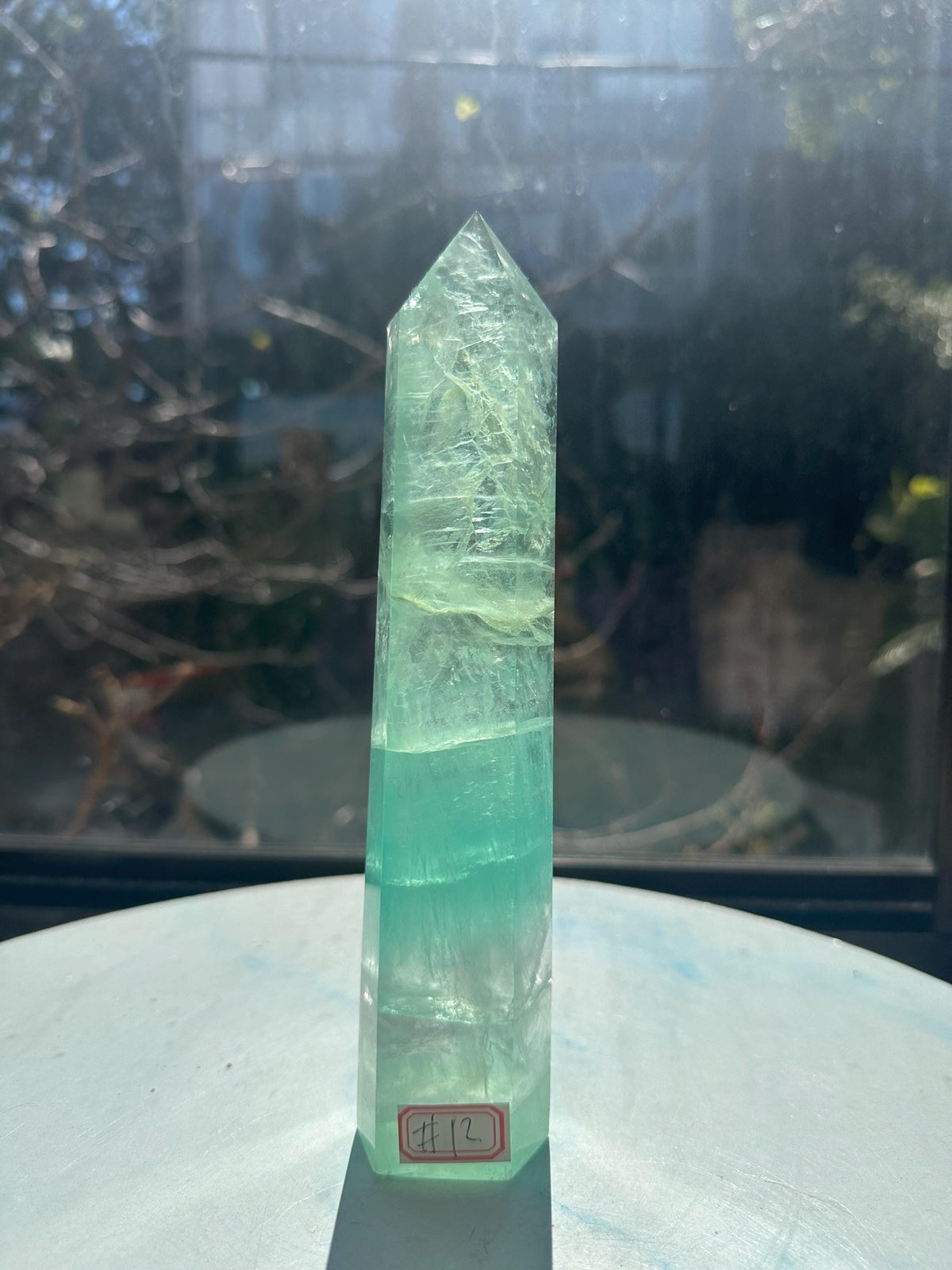 Exact 700g 20cm green Rainbow Fluorite tower #12 displayed upright