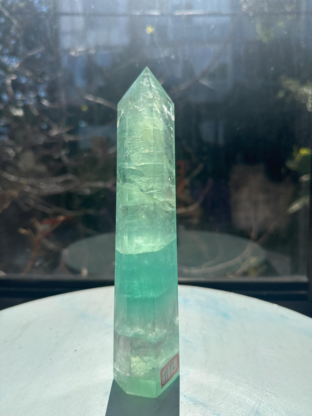 Polished surface of exact green Rainbow Fluorite tower #12