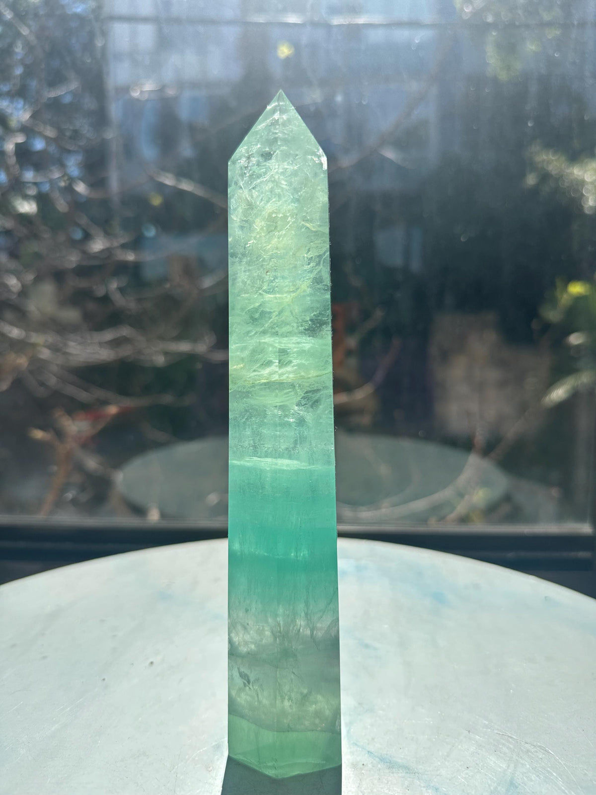 Alternate view of exact 700g 20cm green Rainbow Fluorite tower #12