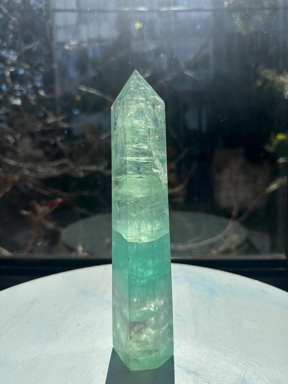 Front view of exact 700g 20cm green Rainbow Fluorite tower #12