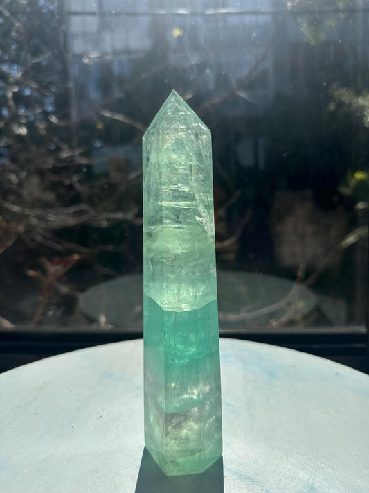 Front view of exact 700g 20cm green Rainbow Fluorite tower #12