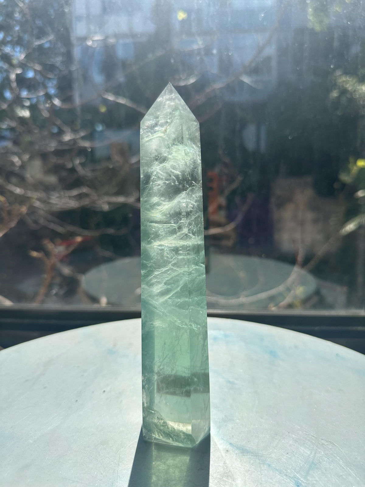 Exact 577g 19cm green Rainbow Fluorite tower #13 displayed upright