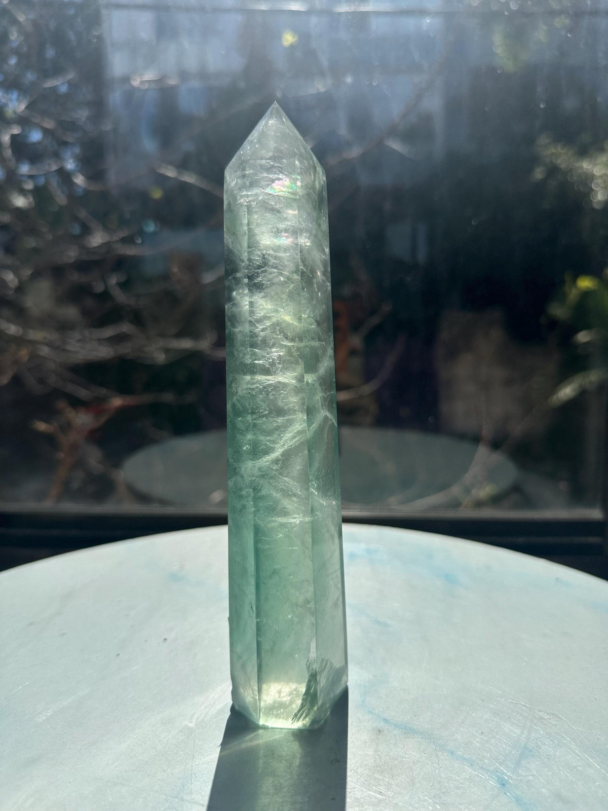 Polished surface and translucency of exact green Rainbow Fluorite tower #13