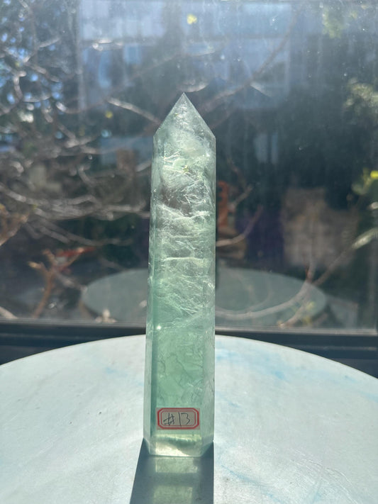 Front view of exact 577g 19cm green Rainbow Fluorite tower #13