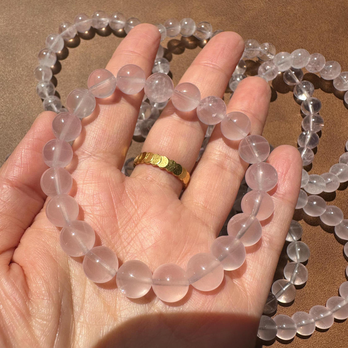 Mozambique Rose Quartz Bracelet | 8mm Beads & Gold-Plated Spacers