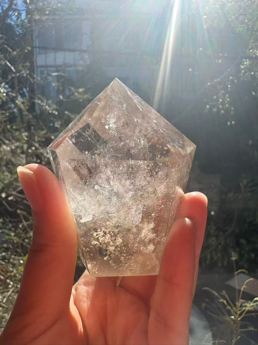 Premium light champagne smoky quartz tower with vibrant internal rainbows, a signature Moon Rituals specimen.