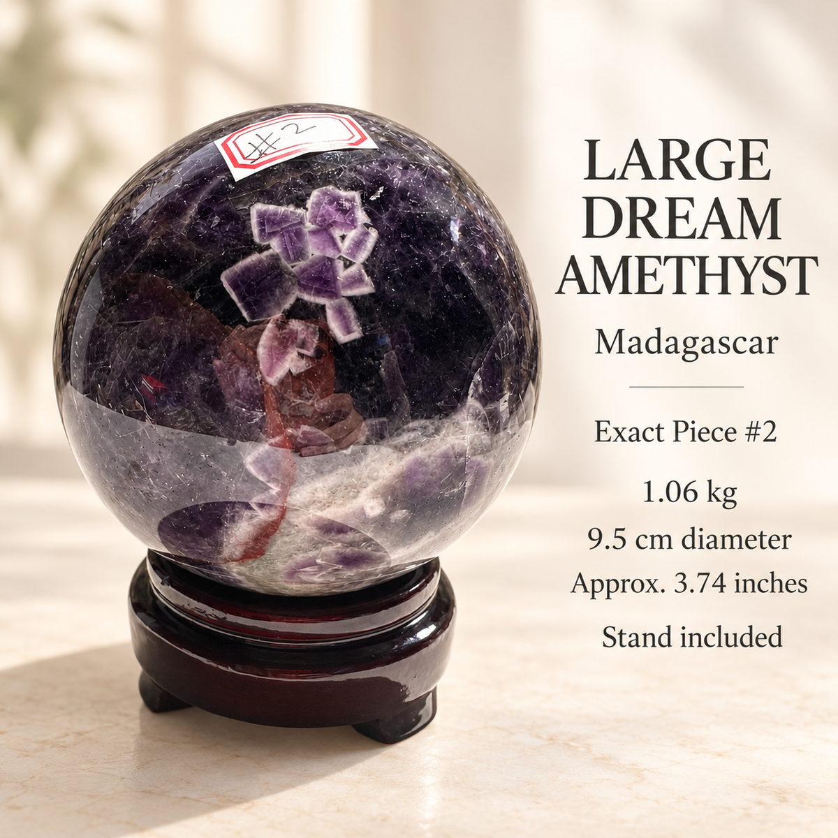 Large Madagascar Dream Amethyst sphere #2, 1.06kg, 9.5cm / 3.74in, specification