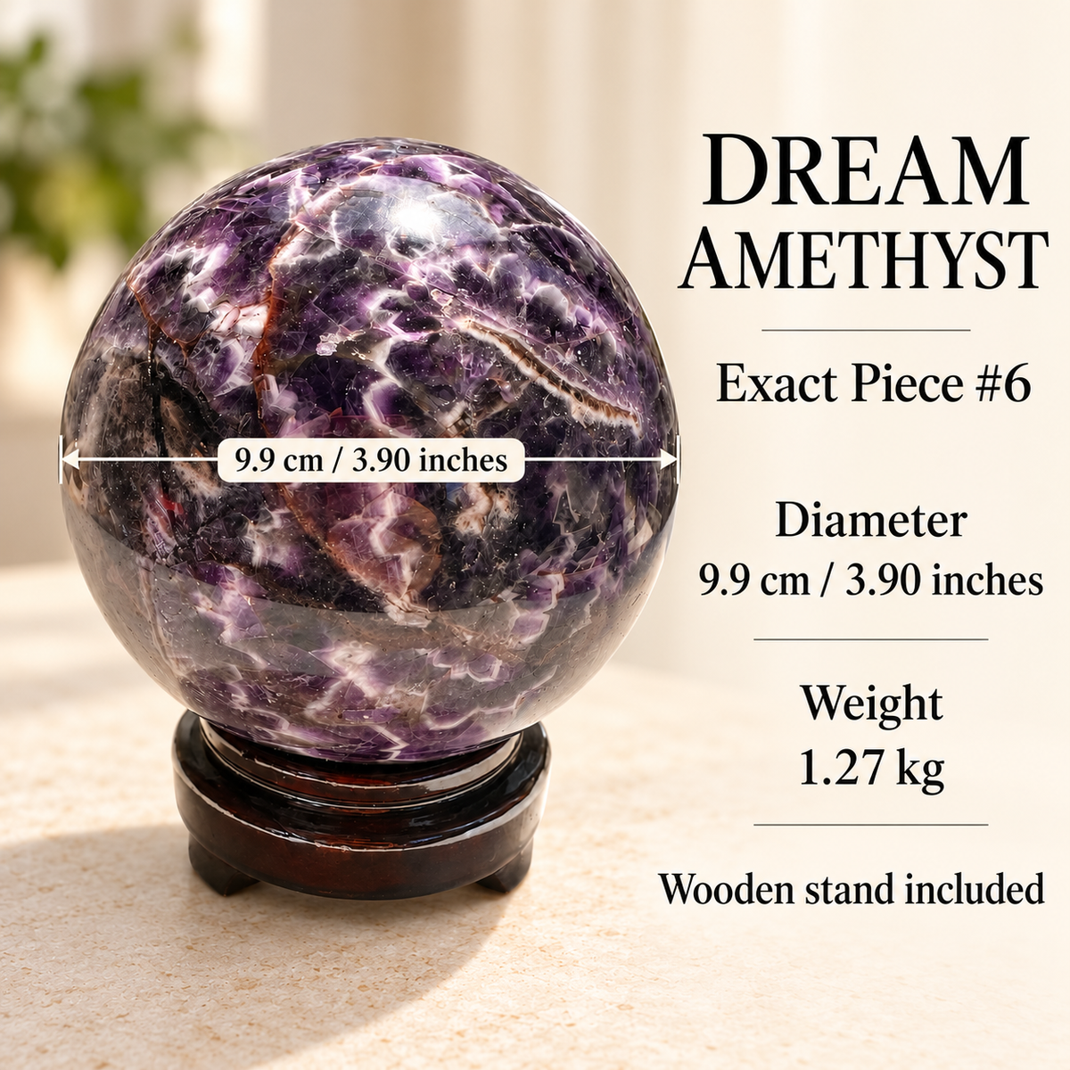 Dream Amethyst sphere #6 diameter 9.9cm / 3.90 inches, weight 1.27kg, wooden stand included