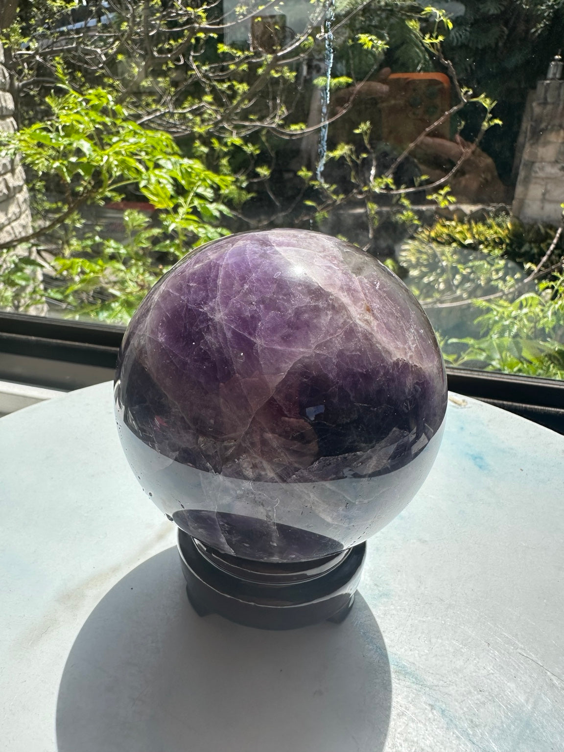 Original natural-light photograph of Dream Amethyst sphere #7 with stand