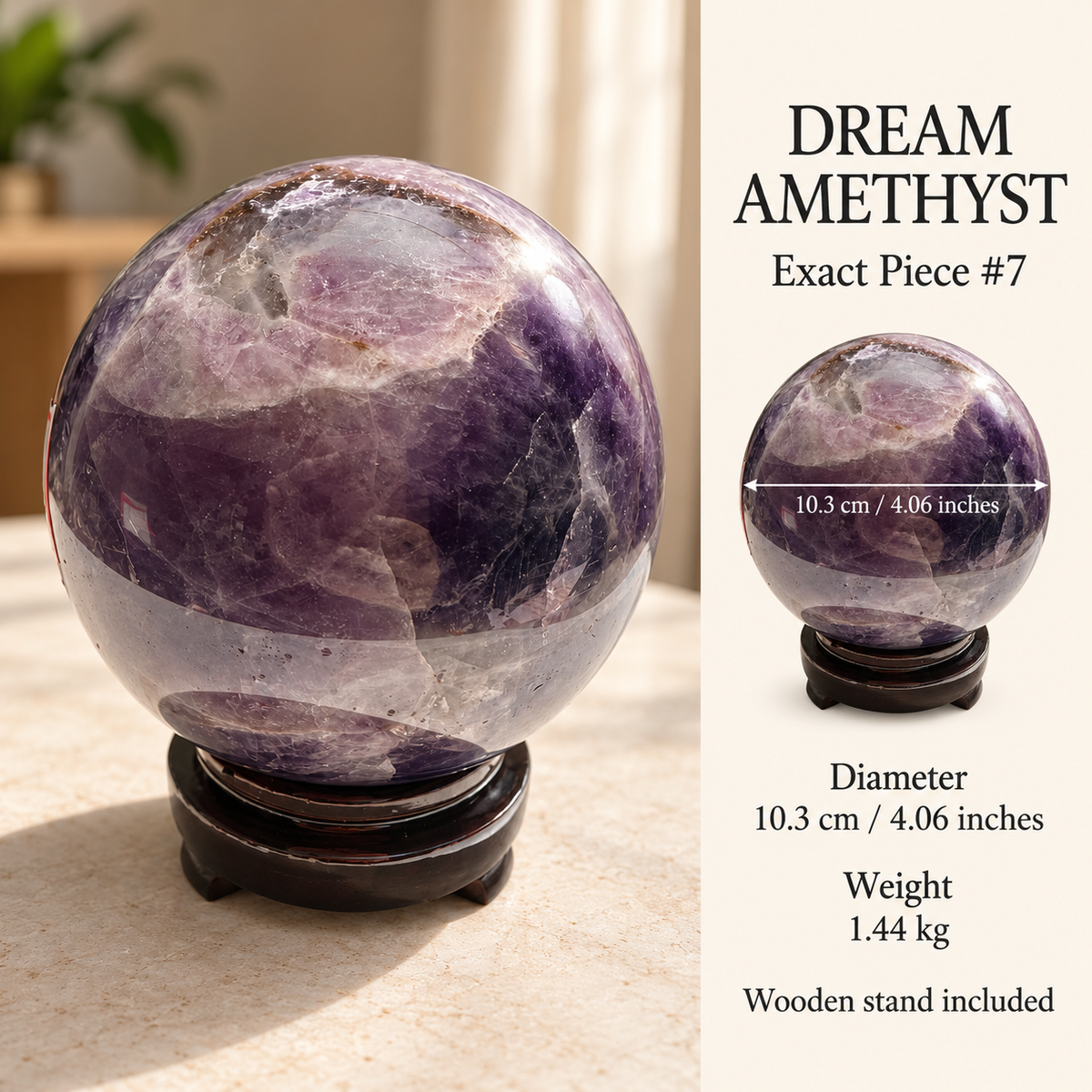 Dream Amethyst sphere #7 diameter 10.3cm / 4.06 inches, weight 1.44kg, wooden stand included