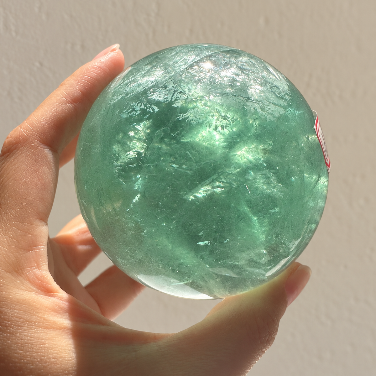 Madagascar green fluorite sphere Exact Piece #2, 787g, 8.2cm / 3.23in, detail