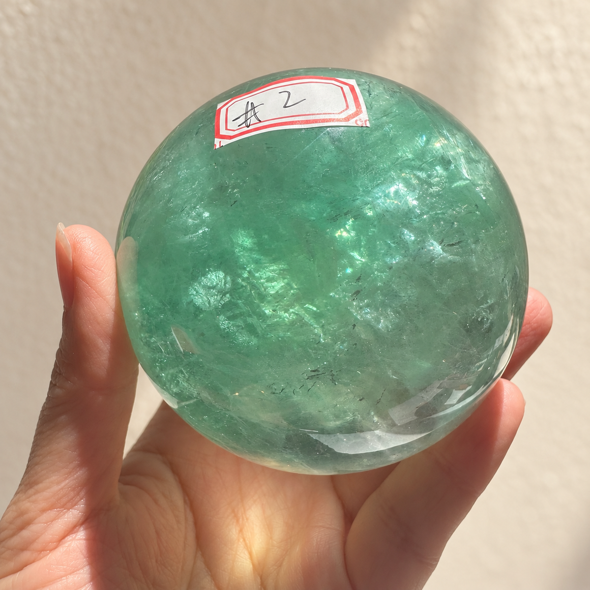Madagascar green fluorite sphere Exact Piece #2, 787g, 8.2cm / 3.23in, number angle