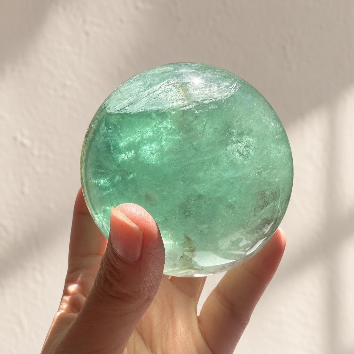 Madagascar green fluorite sphere Exact Piece #2, 787g, 8.2cm / 3.23in, reverse