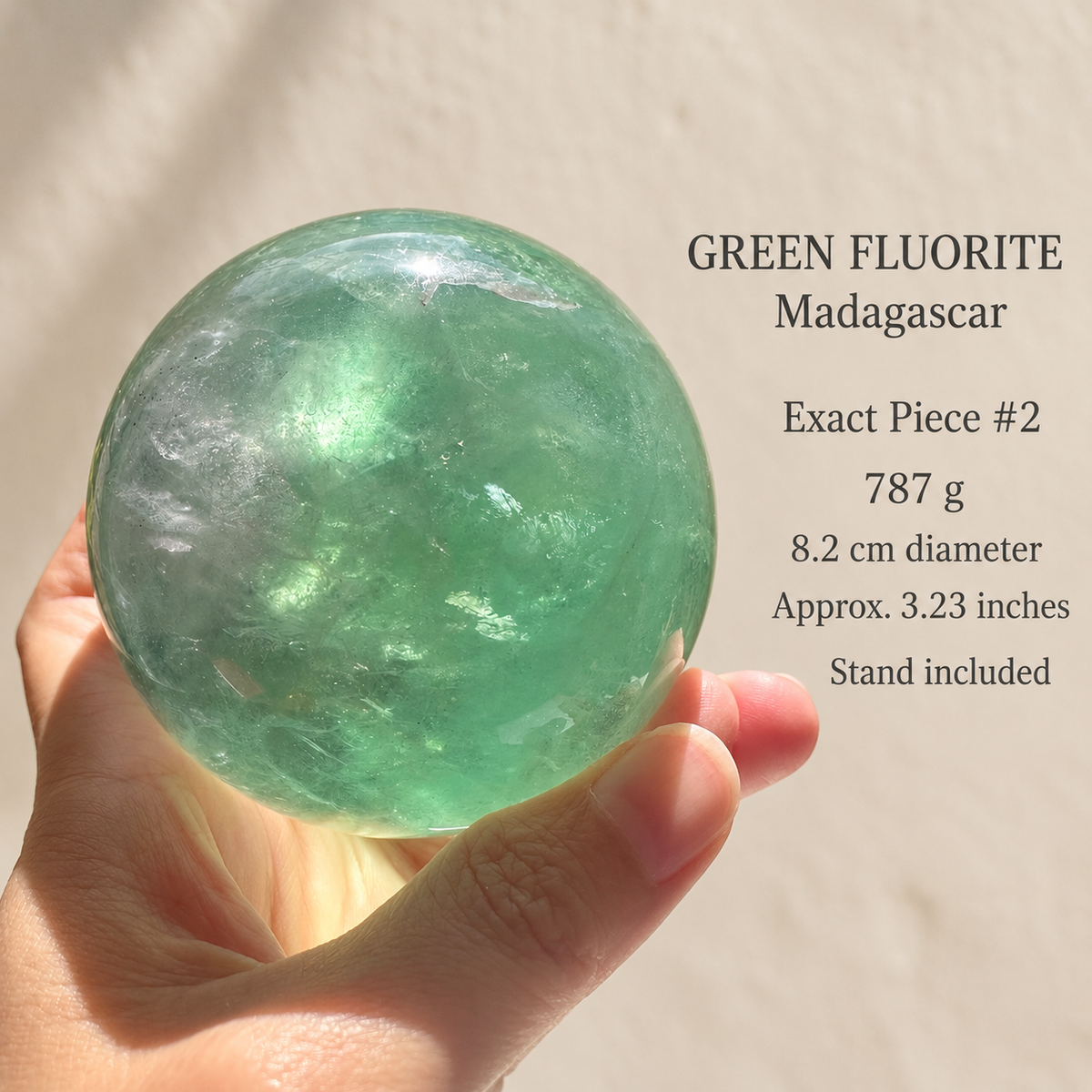 Madagascar green fluorite sphere Exact Piece #2, 787g, 8.2cm / 3.23in, specification