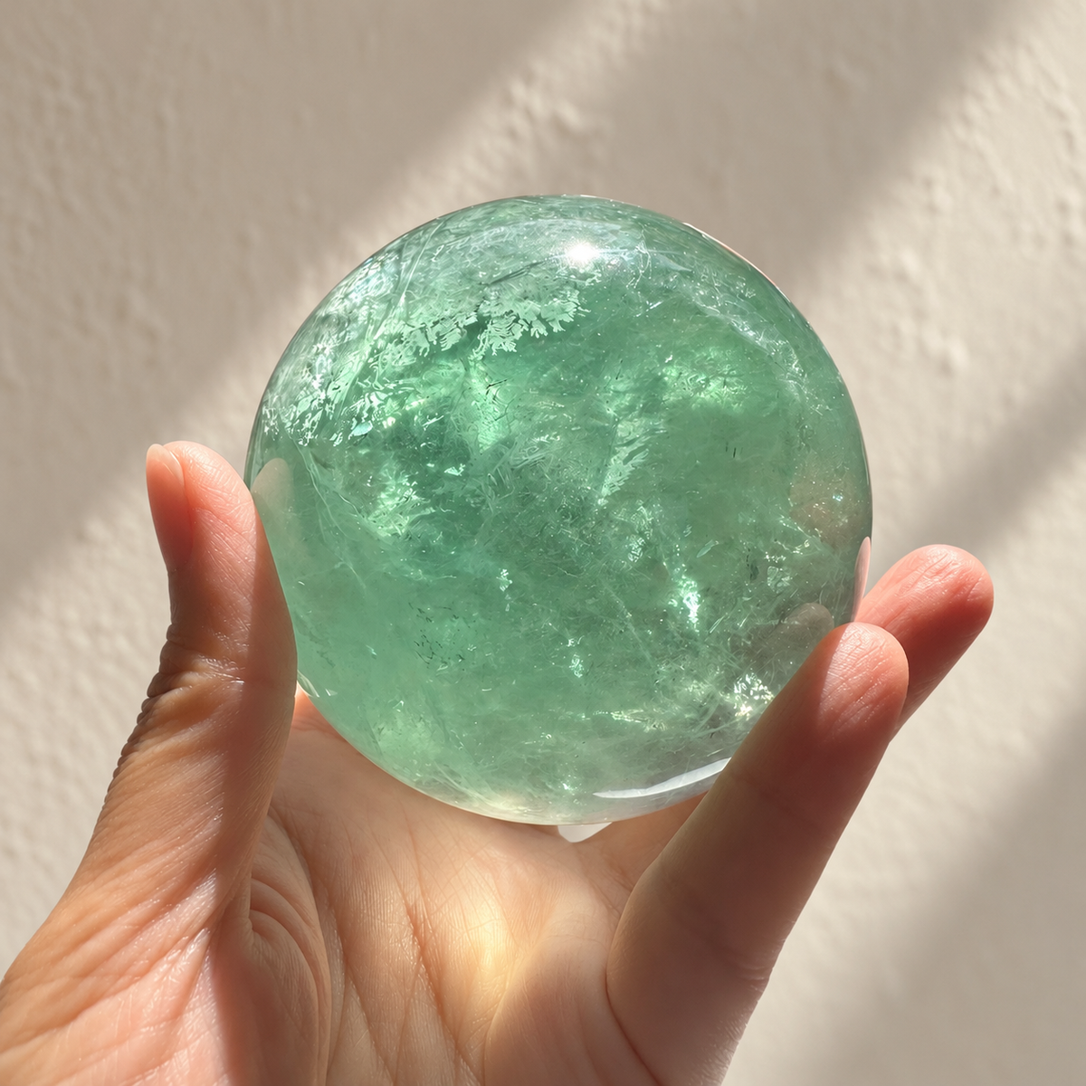 Madagascar green fluorite sphere Exact Piece #2, 787g, 8.2cm / 3.23in, veils
