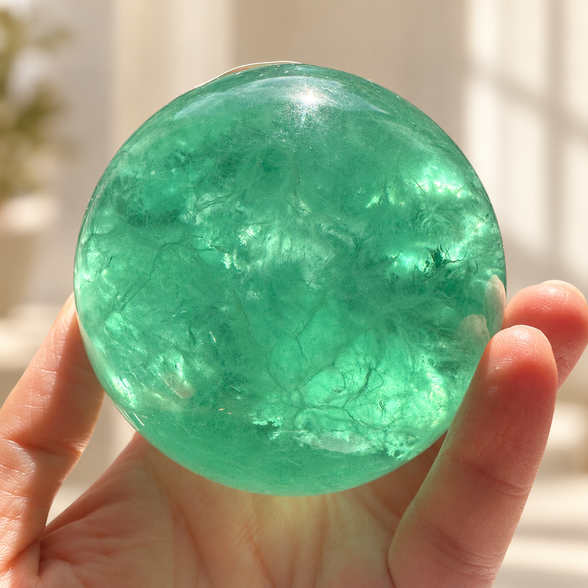 Madagascar green fluorite sphere Exact Piece #3, 725g, 8cm / 3.15in, angle