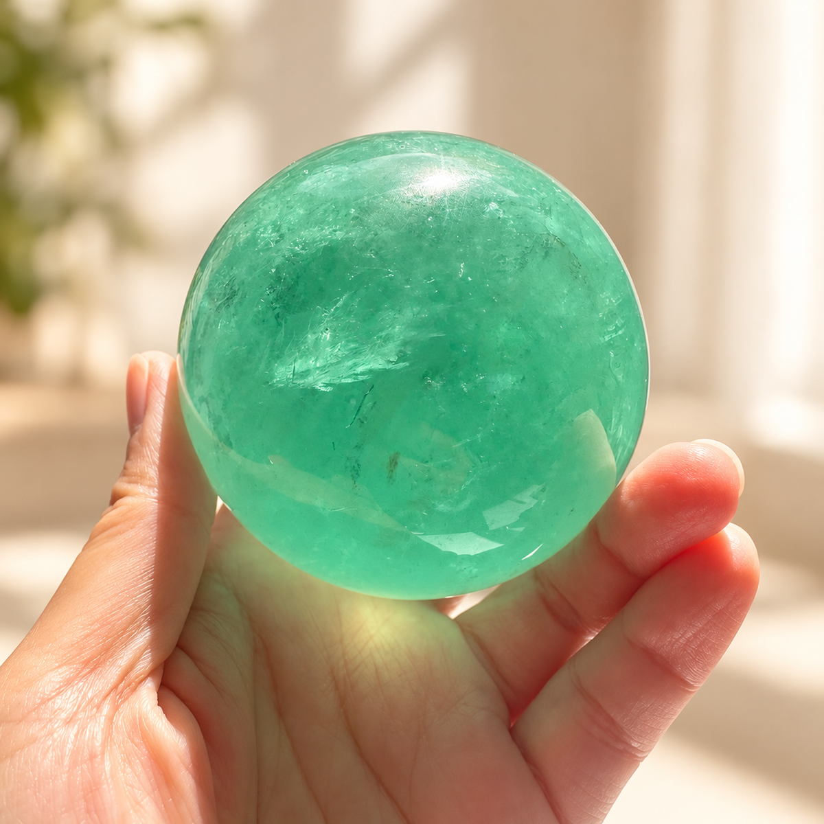 Madagascar green fluorite sphere Exact Piece #3, 725g, 8cm / 3.15in, inclusions