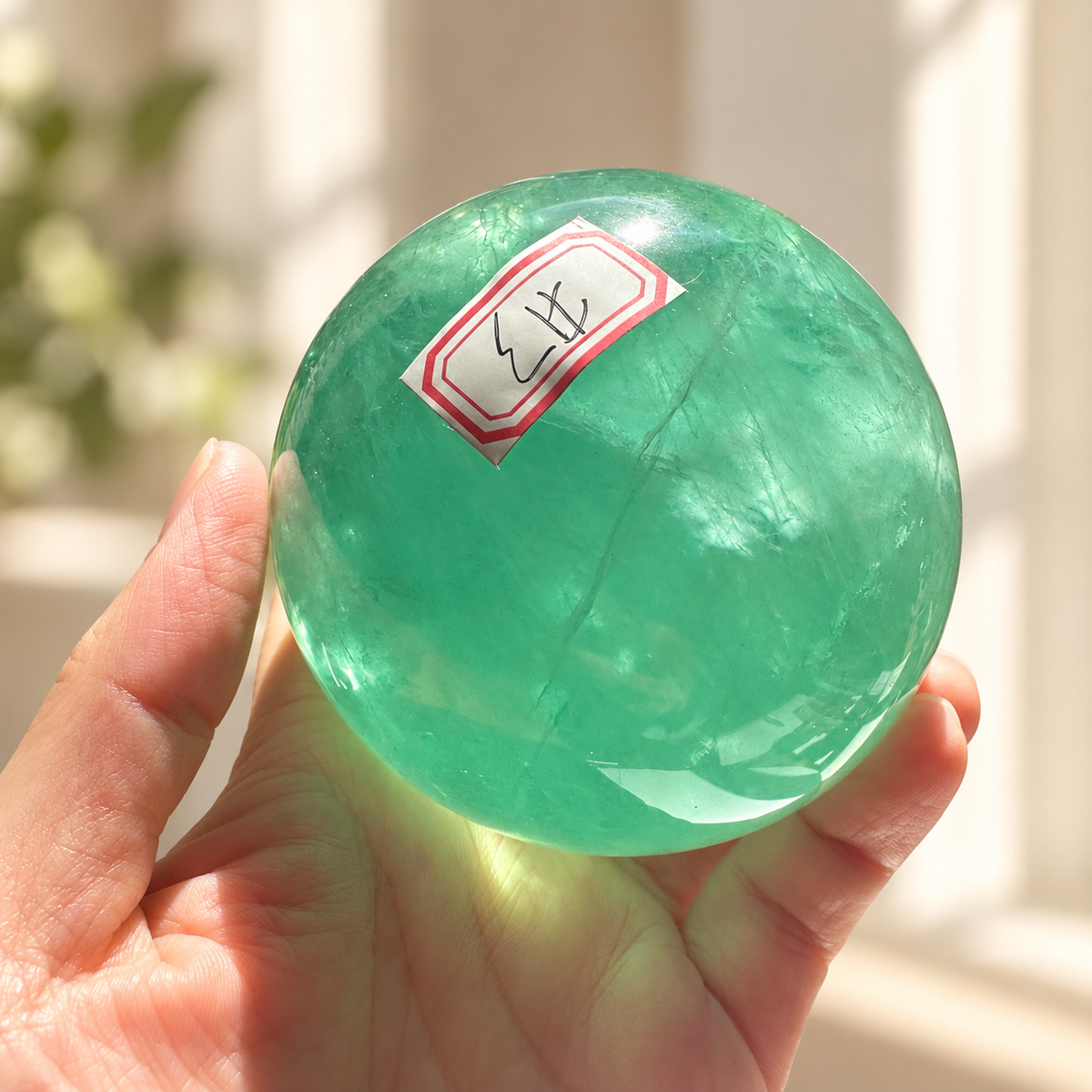 Madagascar green fluorite sphere Exact Piece #3, 725g, 8cm / 3.15in, number angle