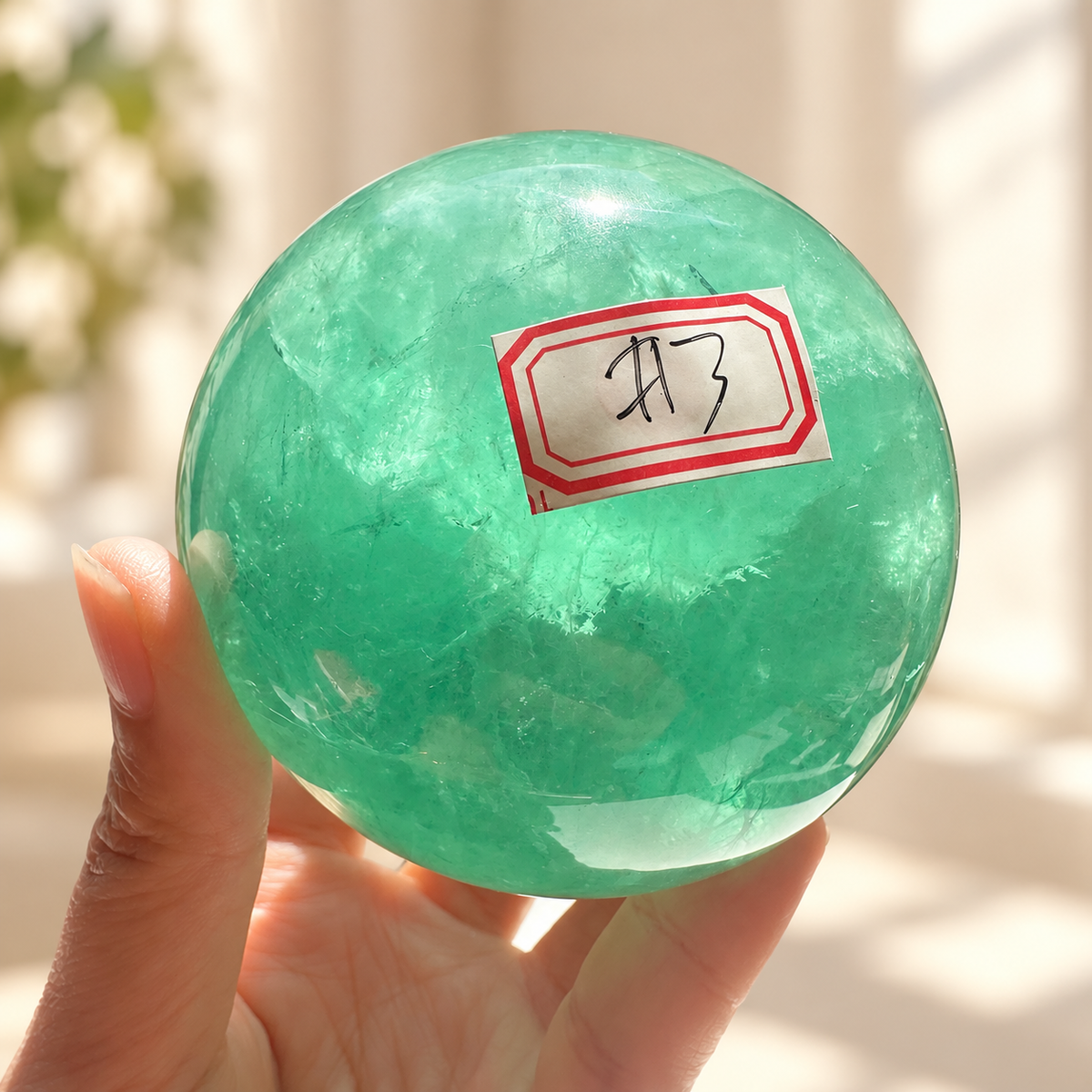 Madagascar green fluorite sphere Exact Piece #3, 725g, 8cm / 3.15in, number
