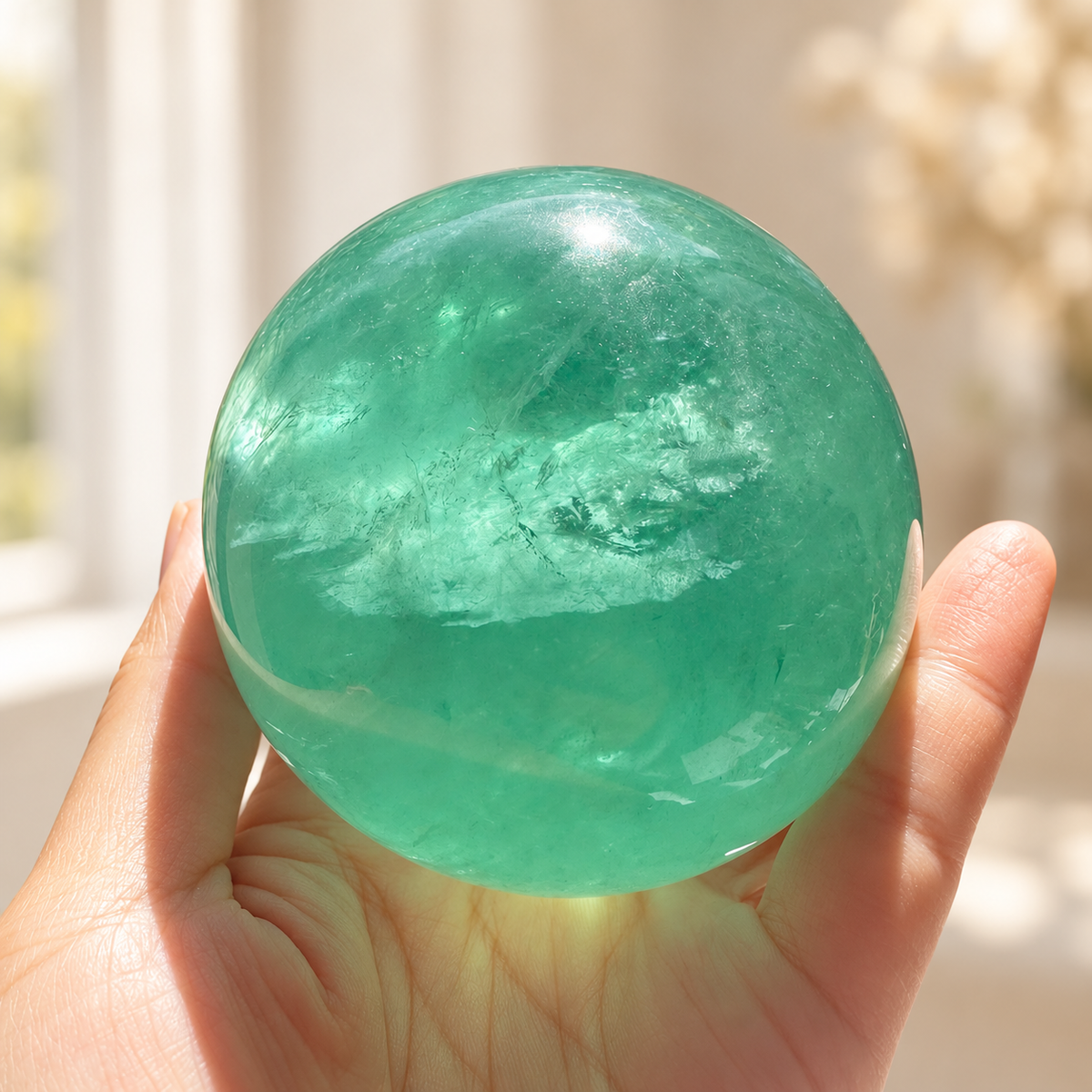 Madagascar green fluorite sphere Exact Piece #3, 725g, 8cm / 3.15in, reverse