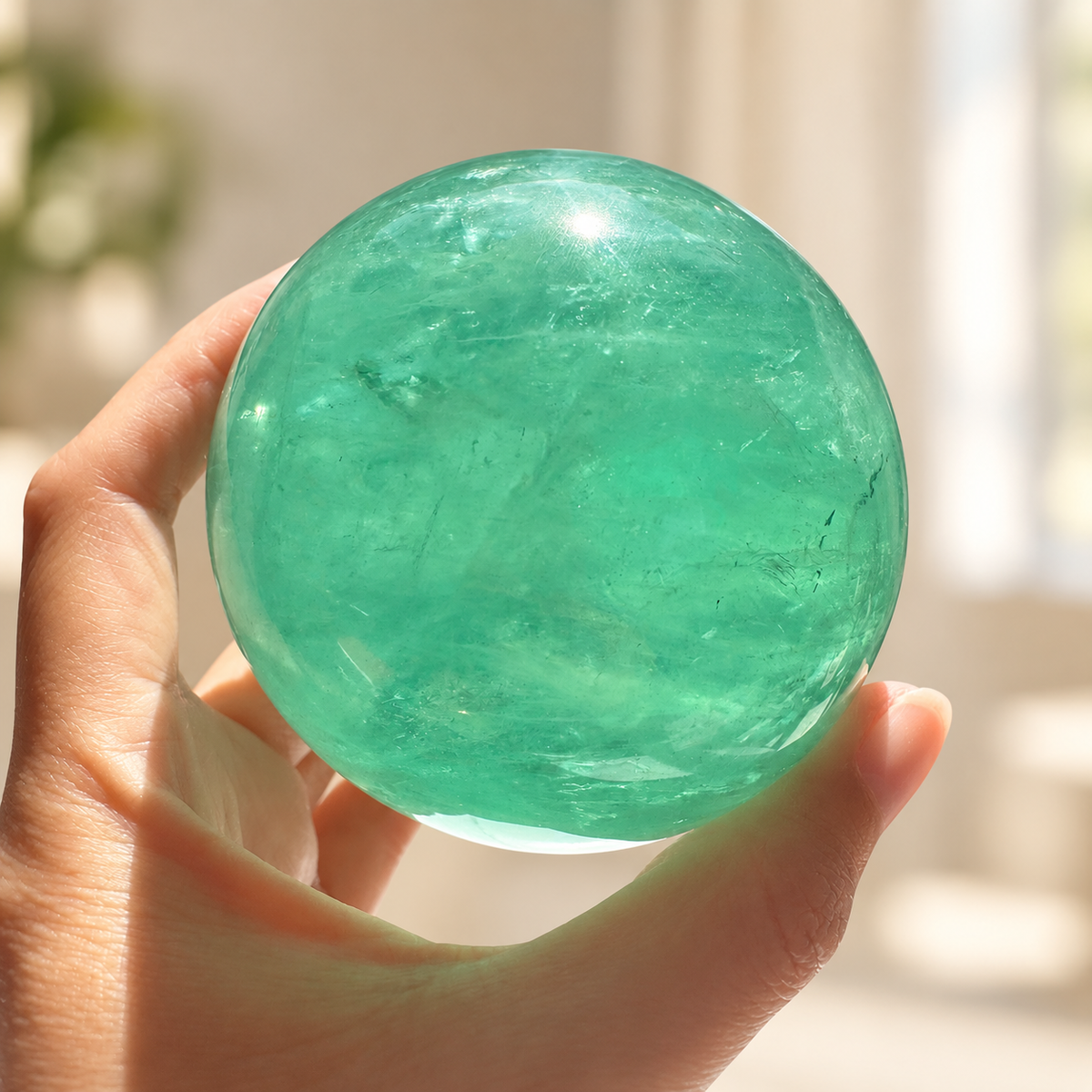 Madagascar green fluorite sphere Exact Piece #3, 725g, 8cm / 3.15in, side