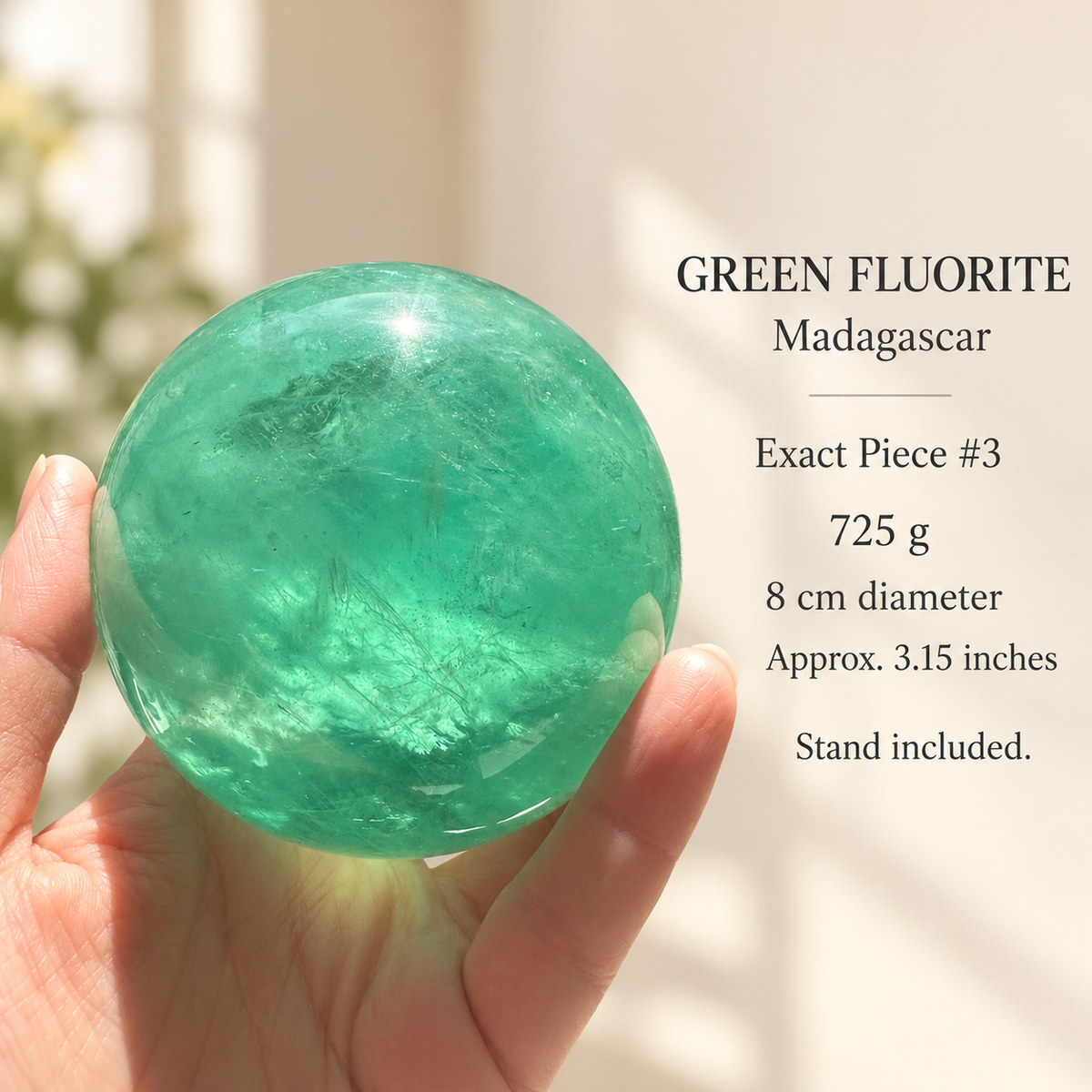 Madagascar green fluorite sphere Exact Piece #3, 725g, 8cm / 3.15in, specification