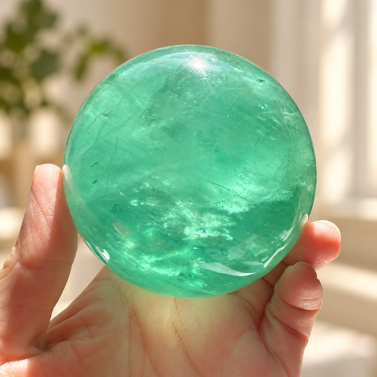Madagascar green fluorite sphere Exact Piece #3, 725g, 8cm / 3.15in, veils