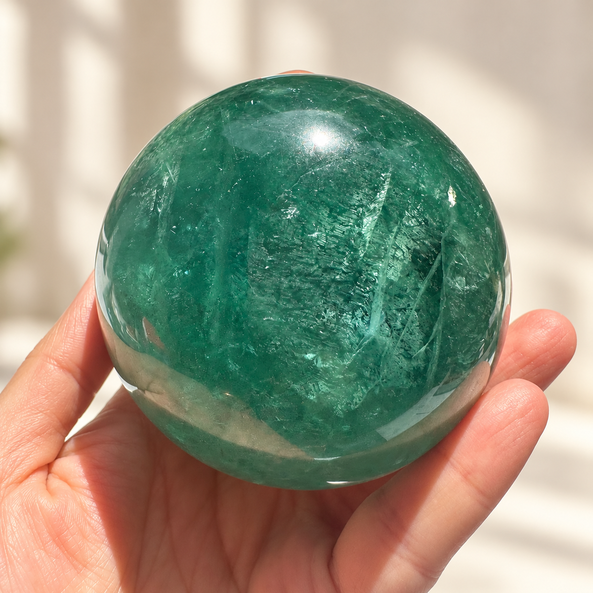 Madagascar green fluorite sphere Exact Piece #4, 925g, 8.6cm / 3.39in, detail