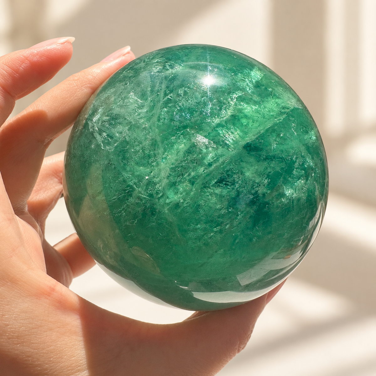 Madagascar green fluorite sphere Exact Piece #4, 925g, 8.6cm / 3.39in, inclusions