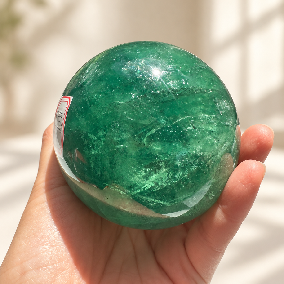 Madagascar green fluorite sphere Exact Piece #4, 925g, 8.6cm / 3.39in, number angle
