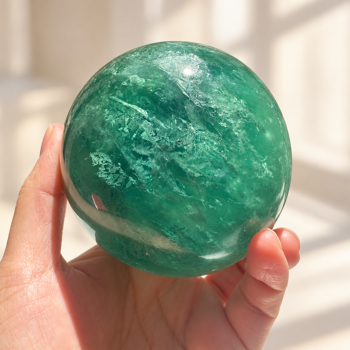 Madagascar green fluorite sphere Exact Piece #4, 925g, 8.6cm / 3.39in, reverse