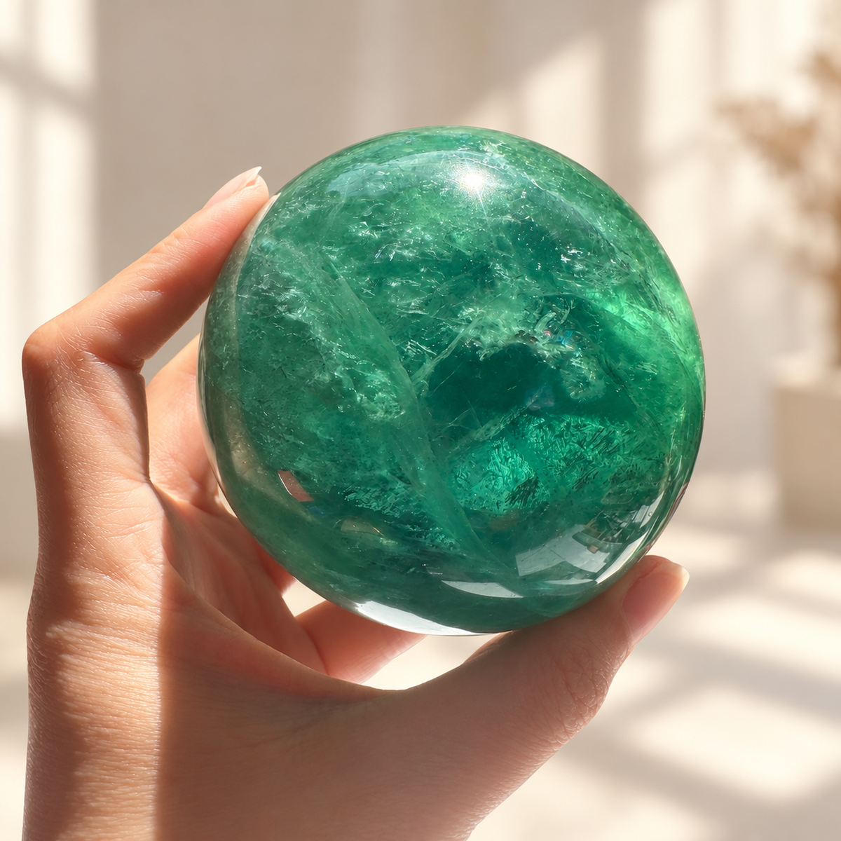 Madagascar green fluorite sphere Exact Piece #4, 925g, 8.6cm / 3.39in, side