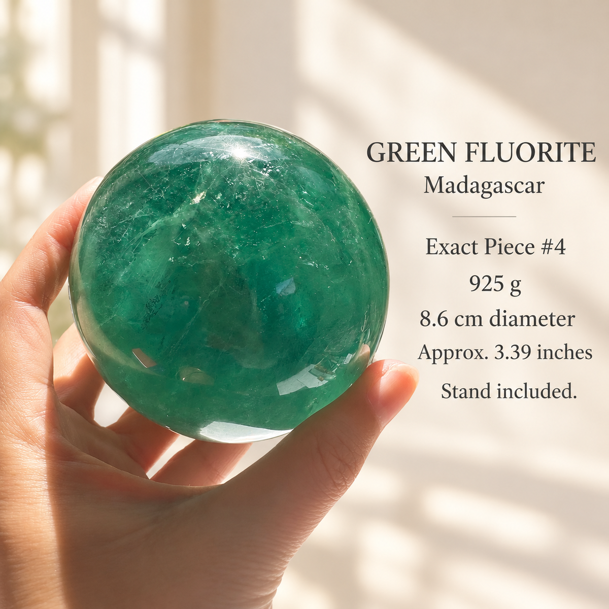 Madagascar green fluorite sphere Exact Piece #4, 925g, 8.6cm / 3.39in, specification