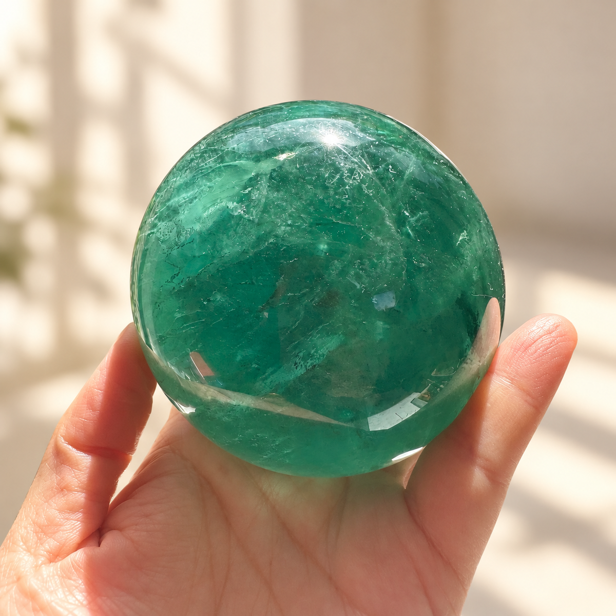 Madagascar green fluorite sphere Exact Piece #4, 925g, 8.6cm / 3.39in, veils